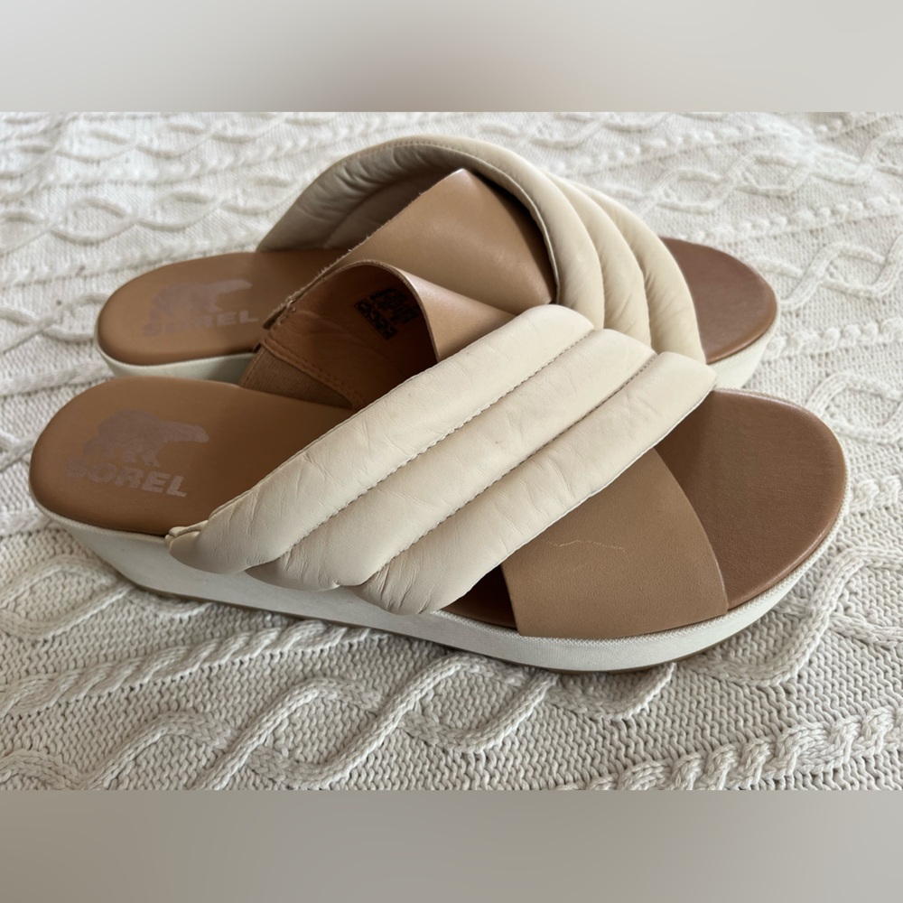 SOREL Cameron Platform Women’s Cream and Tan Sandal Slip On Size 9.5 - Picture 1 of 12